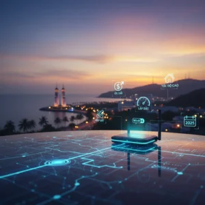 Lắp mạng FPT Bình Định với Modem WiFi 6 tốc độ cao, biểu tượng FPT và hình ảnh kết nối Internet mượt mà