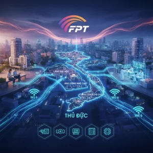 Hình ảnh minh họa dịch vụ lắp mạng FPT tại Thủ Đức với nhân viên kỹ thuật đang kiểm tra kết nối Internet cáp quang và modem WiFi 6 cho khách hàng.